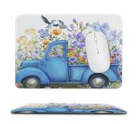 MSYKANIX Rustic Vintage Blue Truck Soft Stitched Edge Mouse Pad,Watercolor Modern Spring Garden Plant Beautiful Flower Bird Non-Slip Mousepad for Office,Home 7.9x9.4 Inch