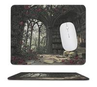 MSYKANIX Rustic Vintage Bookshelf Soft Stitched Edge Mouse Pad,Colorful Mid Century Gothic Castle Library Skull Red Rose Non-Slip Mousepad for Office,Home 25x30 cm