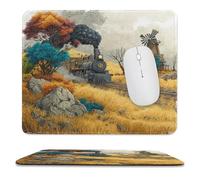 MSYKANIX Rustic Vintage Steam Train Soft Stitched Edge Mouse Pad,Beautiful Colorful Autumn Forest Windmill Antique Railway Train Non-Slip Mousepad for Office,Home