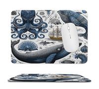MSYKANIX Rustic Vintage Whale Soft Stitched Edge Mouse Pad,Colorful Abstract Ocean Animal Octopus Shells Nautical Compass Ship Non-Slip Mousepad for Office,Home 20x24 cm