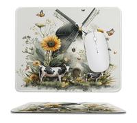 MSYKANIX Rustic Vintage Windmill Soft Stitched Edge Mouse Pad,Modern Colorful Farmhouse Cow Spring Garden Butterfly Sunflowers Non-Slip Mousepad for Office,Home 25x30 cm
