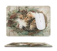 MSYKANIX Rustic Watercolor Cat Soft Stitched Edge Mouse Pad,Vintage Cute Wooden Board Christmas Theme Pine Leaf Pinecone Non-Slip Mousepad for Office,Home 20x24 cm
