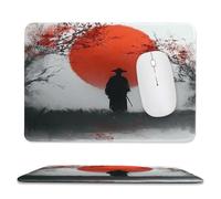 MSYKANIX Rustic Watercolor Japanese Samurai Non-Slip Mouse Pad,Vintage Japanese Ink Painting Red Sun Cherry Blossom with Most Types of Mouse,Stitched Edges for Decoration 20x24 cm