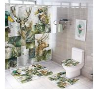 MSYKANIX Rustic Watercolor Mallard Duck 4 Pcs Shower Curtain Sets,Modern Cute Hunting Theme Cabin Wildlife Deer Moose Bird Bathroom Sets with Rugs,Toilet Lid Cover And Bath Mat