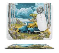 MSYKANIX Rustic Watercolor Truck Soft Stitched Edge Mouse Pad,Realistic Open Window Farm Cow Windmill Flower Sunflowers Non-Slip Mousepad for Office,Home 25x30 cm