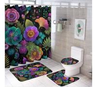 MSYKANIX Vintage Abstract Flower 4 Pcs Shower Curtain Sets,Beautiful Colorful Spring Garden Plant Leaves Boho Floral Bathroom Sets with Rugs,Toilet Lid Cover And Bath Mat