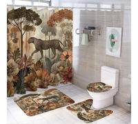 MSYKANIX Vintage Abstract Leopard Shower Curtain Set,Rustic Colorful Autumn Forest Plant Leaves Floral Animal Cheetah Shower Decor Sets with Rugs Bathroom Accessories Set with 12 Hooks