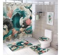 MSYKANIX Vintage Abstract Ocean Wave Shower Curtain Set,Colorful Rustic Underwater Nautical Mermaid Tail Shells Shower Decor Sets with Rugs Bathroom Accessories Set with 12 Hooks