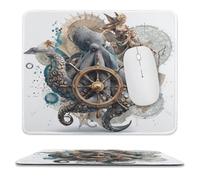 MSYKANIX Vintage Abstract Octopus Soft Stitched Edge Mouse Pad,Colorful Rustic Ocean Mermaid Nautical Rudder Pirate Ship Non-Slip Mousepad for Office,Home 25x30 cm