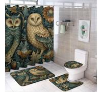 MSYKANIX Vintage Abstract Owl 4 Pcs Shower Curtain Sets,Rustic Colorful William Morris Spring Garden Animal Plant Leaf Floral Bathroom Sets with Rugs,Toilet Lid Cover And Bath Mat