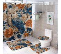 MSYKANIX Vintage Abstract Wild Owl 4 Pcs Shower Curtain Sets,Rustic Colorful Spring Garden Bird Boho Floral Plant Peony Bathroom Sets with Rugs,Toilet Lid Cover And Bath Mat