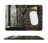 MSYKANIX Vintage Colorful Bookshelf Non-Slip Mousepad,Rustic Mid Century Gothic Castle Library Plant Leaves Flower with Most Types of Mouse,Stitched Edges for Decoration 20x24 cm