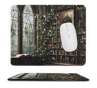 MSYKANIX Vintage Colorful Bookshelf Non-Slip Mousepad,Rustic Mid Century Gothic Castle Library Plant Leaves Flower with Most Types of Mouse,Stitched Edges for Decoration 25x30 cm