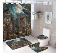 MSYKANIX Vintage Colorful Raven Shower Curtain Set,Abstract Gothic Castle Halloween Pumpkin Full Moon Starry Sky Shower Decor Sets with Rugs Bathroom Accessories Set with 12 Hooks
