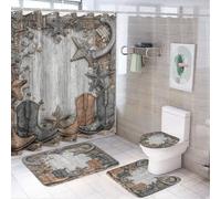 MSYKANIX Vintage Colorful Texas Star Horseshoe 4 Pcs Shower Curtain Sets,Rustic Wooden Board American Western Cowboy Boots Hat Bathroom Sets with Rugs,Toilet Lid Cover And Bath Mat