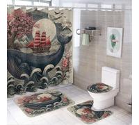 MSYKANIX Vintage Colorful Whale 4 Pcs Shower Curtain Sets,Abstract Modern Ocean Ship Flower Cherry Blossom Nautical Full Moon Bathroom Sets with Rugs,Toilet Lid Cover And Bath Mat