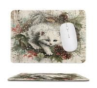 MSYKANIX Vintage Cute Cat Soft Stitched Edge Mouse Pad,Watercolor Rustic Wooden Board Christmas Theme Pine Leaf Pinecone Non-Slip Mousepad for Office,Home 20x24 cm