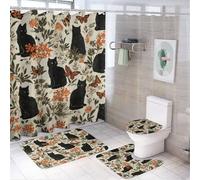 MSYKANIX Vintage Rustic Black Cat Shower Curtain Set,Colorful Spring Garden Plant Wildflower Animal Butterflies Cute Cat Shower Decor Sets with Rugs Bathroom Accessories Set with 12 Hooks