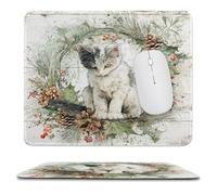 MSYKANIX Vintage Rustic Cat Soft Stitched Edge Mouse Pad,Cute Watercolor Wooden Board Christmas Theme Pine Leaf Pinecone Non-Slip Mousepad for Office,Home 25x30 cm