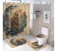 MSYKANIX Vintage Rustic Pirate Ship Shower Curtain Set,Modern Colorful Japanese Ocean Wave Nautical Sailboat Red Sun Shower Decor Sets with Rugs Bathroom Accessories Set with 12 Hooks