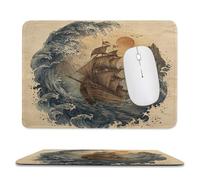 MSYKANIX Vintage Rustic Pirate Ship Soft Stitched Edge Mouse Pad,Modern Colorful Japanese Ocean Wave Nautical Sailboat Red Sun Non-Slip Mousepad for Office,Home 20x24 cm