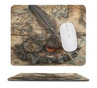 MSYKANIX Vintage Rustic Quill Soft Stitched Edge Mouse Pad,Realistic Colorful Mid Century Nautical Compass Old Antique Map Non-Slip Mousepad for Office,Home 25x30 cm