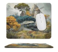 MSYKANIX Vintage Rustic Steam Train Non-Slip Mousepad,Watercolor Beautiful Autumn Forest Windmill Antique Railway Train with Most Types of Mouse,Stitched Edges for Decoration