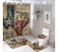 MSYKANIX Vintage Rustic Texas Star Print Shower Curtain Set,Colorful Wooden Board American Southwestern Texas Flag Shower Decor Sets with Rugs Bathroom Accessories Set with 12 Hooks
