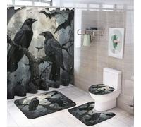 MSYKANIX Vintage Watercolor Raven Shower Curtain Set,Abstract Rustic Animal Bats Crows Full Moon Shower Decor Sets with Rugs Bathroom Accessories Set with 12 Hooks