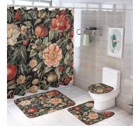 MSYKANIX Vintage William Morris Flowers Fruit 4 Pcs Shower Curtain Sets, Bathroom Sets with Rugs,Toilet Lid Cover And Bath Mat