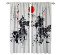 MSYKANIX Watercolor Japanese Samurai Rod Pocket Curtain for Bedroom,Rustic Abstract Ancient Japan Red Sun Mount Fuji Blackout Window Drapes 2 Panels,Each 140x160 cm