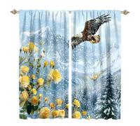 MSYKANIX Watercolor Rustic Rose Print Eagle Blackout Curtains,Modern Snowy Mountain Forest Bald Eagle Floral Rod Pocket Window Drapes for Living Room 2 Panels,Each 107Wx214L cm