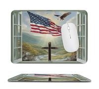 MSYKANIX Watercolor Vintage Eagle Soft Stitched Edge Mouse Pad,Rustic Modern Open Window American Flag Mountain Sunset Non-Slip Mousepad for Office,Home 20x24 cm