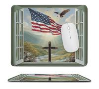 MSYKANIX Watercolor Vintage Eagle Soft Stitched Edge Mouse Pad,Rustic Modern Open Window American Flag Mountain Sunset Non-Slip Mousepad for Office,Home 25x30 cm
