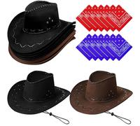 MSYU 12 Pieces Western Cowboy Hat with Bandanna Cowboy Party Hats Bandannas Pack Halloween Party Cowboy Costume Birthday Party (Brown, Black)