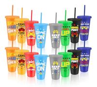 MSYU 16 Pcs Video Game Cups with Lids and Straws, 24 oz Plastic Drinking Cup Gaming Party Cups Bulk Reusable Tumbler for Fun Video Gamer Party Favor