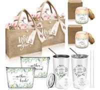 MSYU 2 Sets Mother of The Bride and Mother of The Groom Gifts Set - Includes 590 ml Tumblers, Candle, Greenery Canvas Tote Bags, Leaf Cosmetic Bag, Handkerchief for Mom - Bridal Shower Wedding Gifts