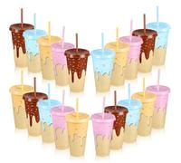 MSYU 20 Pcs Reusable Plastic Tumbler 710 ml Plastic Cups with Lid and Straw Party Favors Water Bottle Coffee Mug for Party Supplies Birthday Themed Favor Classroom Exchange Gifts - Ice Cream