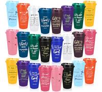 MSYU 24 Pcs Christian Coffee Tumblers with Lids, 16oz Reusable Plastic Cold Cups with Bible Verses, Inspirational Religious Gifts for Women, Ideal for Church Events, Christmas & Birthdays