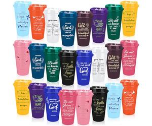 MSYU 24 Pcs Christian Coffee Tumblers with Lids, 16oz Reusable Plastic Cold Cups with Bible Verses, Inspirational Religious Gifts for Women, Ideal for Church Events, Christmas & Birthdays