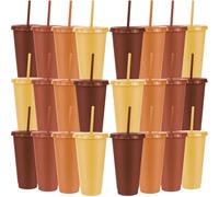 MSYU 24 Pcs Plastic Cups with Lids and Straws 710 ml Reusable Tumbler Large Travel Mug Coffee Beverage Drinks Party Supplies for Christmas Wedding Bridal Baby Shower Birthday (Brown)
