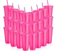 MSYU 24 Pcs Reusable Cups with Lids and Straws 24 oz Glitter Iced Coffee Tumbler Plastic Travel Mug Cup for Smoothie Juices Birthday Sleepover Party Supplies (Fuchsia)