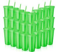 MSYU 24 Pcs Reusable Cups with Lids and Straws 24 oz Glitter Iced Coffee Tumbler Plastic Travel Mug Cup for Smoothie Juices Birthday Sleepover Party Supplies (Fluorescent Green)