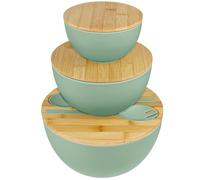 MSYU 3 Pack Salad Bowl with Servers Set Mixing Bowls Solid Bamboo Salad Wooden Bowl with Bamboo Lid Spoon for Fruits, Salads and Decoration (9.8INCH, 7.6INCH, 5.9INCH), Cyan