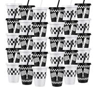 MSYU 30 Pack 470ml Racing Party Cups with Lids and Straws | Reusable Plastic Tumblers with Black and White Chequered Flag Design for Racing Birthday Party Favours and Table Decorations.