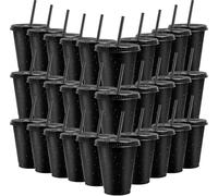 MSYU 30 Pack Reusable Cups with Lids and Straws 470 ml Glitter Iced Coffee Tumbler Plastic Travel Mug Cup for Smoothie Juices Coffee Iced Beverage Water Parties Birthdays Christmas (Black)