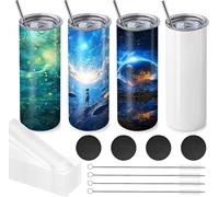 MSYU 4 Pack Sublimation Tumblers 20 oz Bulk Blank Tumblers Skinny Straight Flat Bottom Cups White with Lid and Straw