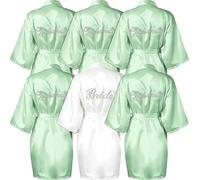 MSYU 6 Pcs Women's Kimono Robe Getting Ready Short Robe Bridesmaids Robes Wedding Robes with Rhinestones for Party (Green & White)
