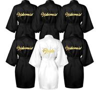 MSYU 6pc Bridesmaids Robes - Black & White Satin Kimono Robes for Wedding, Proposal & Party