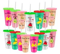 MSYU 710 ml Employee Appreciation Cups 15 Pcs Funny Teacher Cups Cute Fruit Pun Sippy Social Worker Gifts Thank You Tumbler with Lids and Straws Summer Drinking Cup for Teacher Volunteer Employees